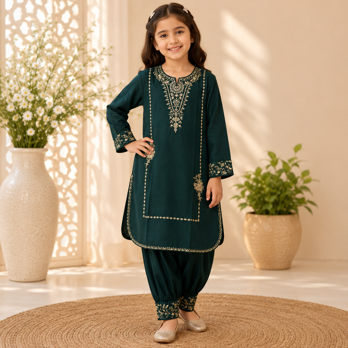 Floral Embroidered Cotton Shirt & Shalwar Lawn Suit for Girls – 2 Piece