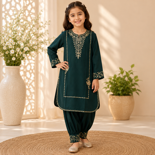 Floral Embroidered Cotton Shirt & Shalwar Lawn Suit for Girls – 2 Piece