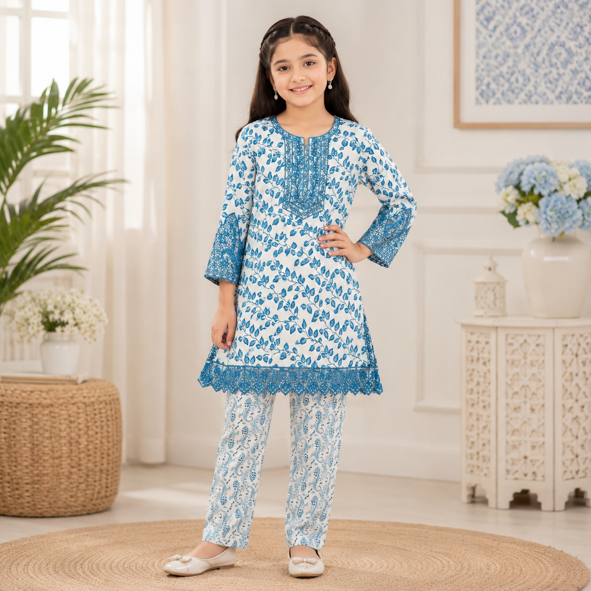 Girls Printed & Embroidered Lawn Shirt Shalwar Set – Stylish Premium Kids Collection