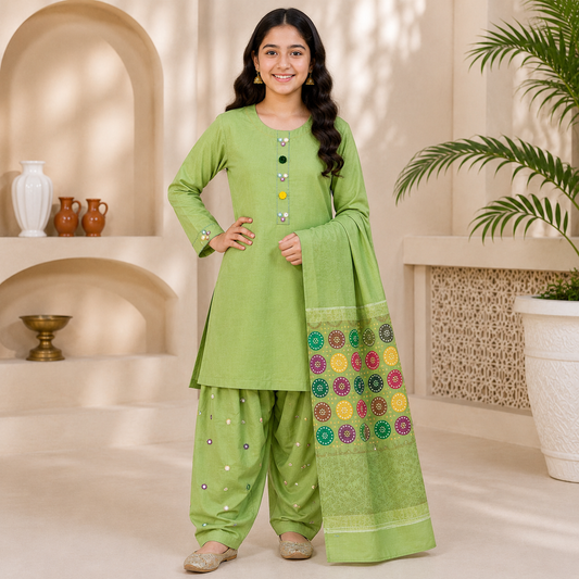 Girls Premium 3 Pc Cotton Lawn Shirt Shalwar Set – High Quality Stylish Kids Wear (6 to 13 Years)