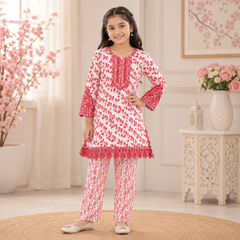Girls Printed & Embroidered Lawn Shirt Shalwar Set – Stylish Premium Kids Collection