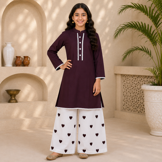 Heart Lawn Co-Ord Set – Girls Premium Summer Wear